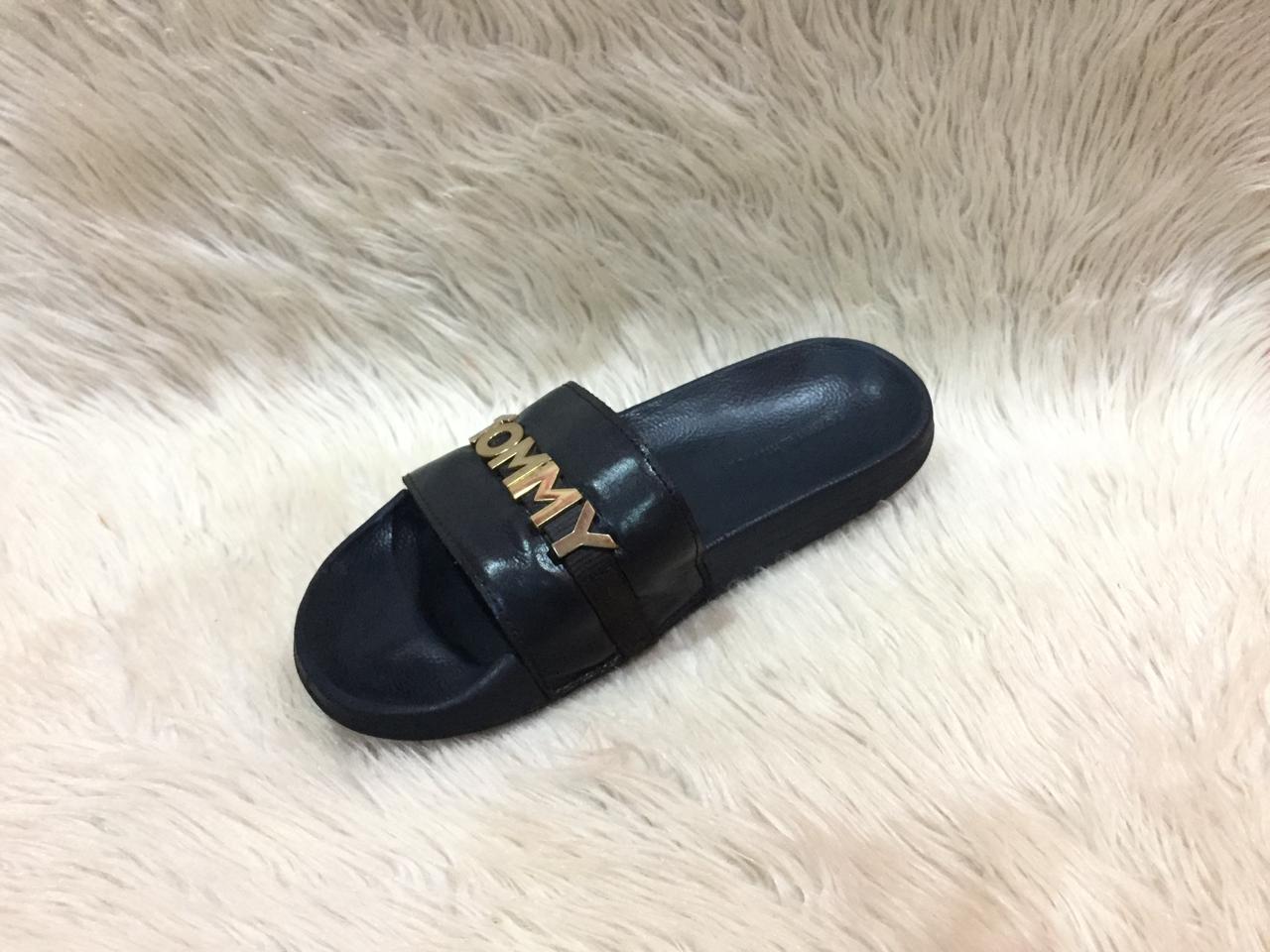 Tommy Jeans black metal logo pool sliders