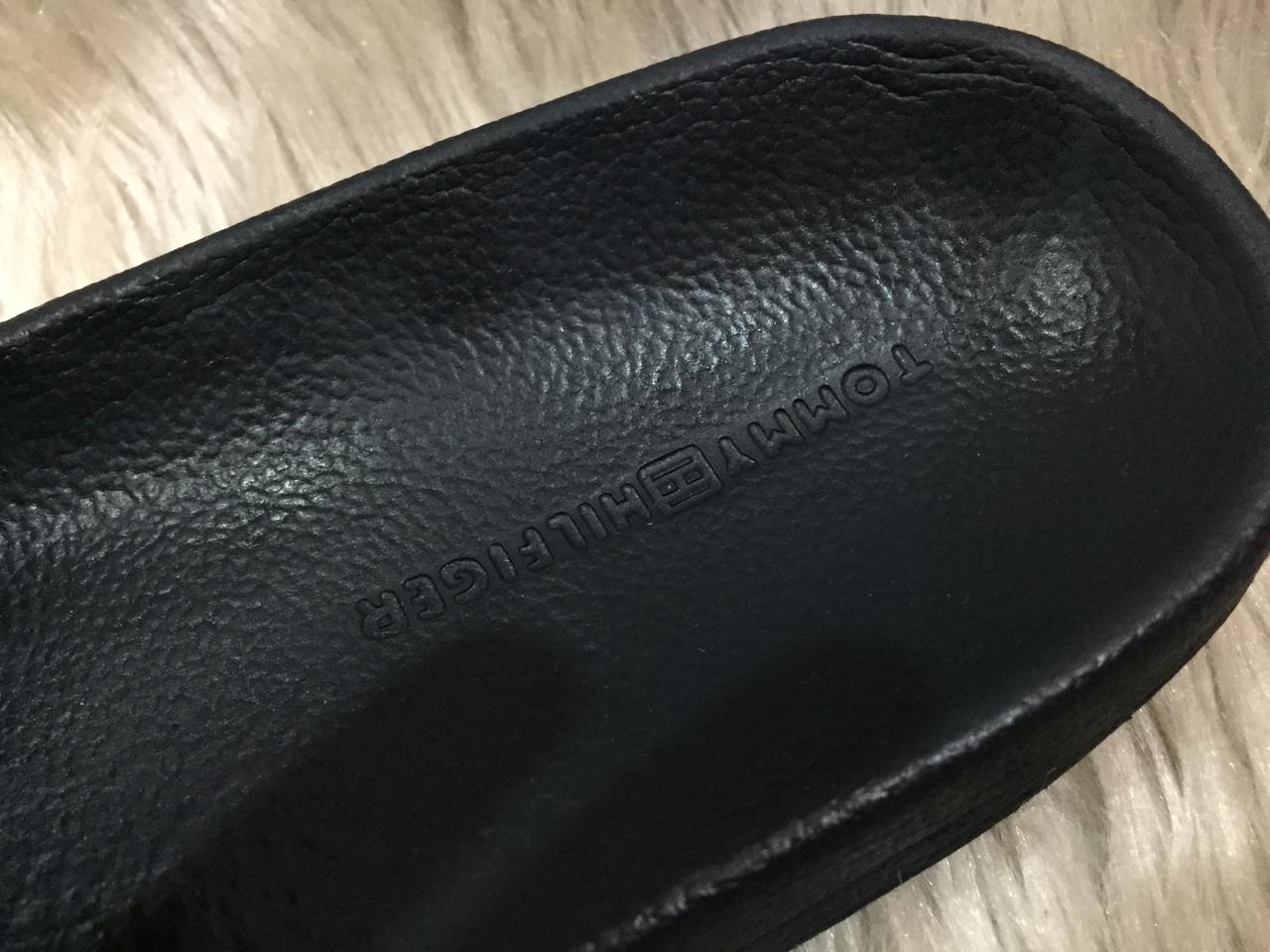 Tommy Jeans black metal logo pool sliders