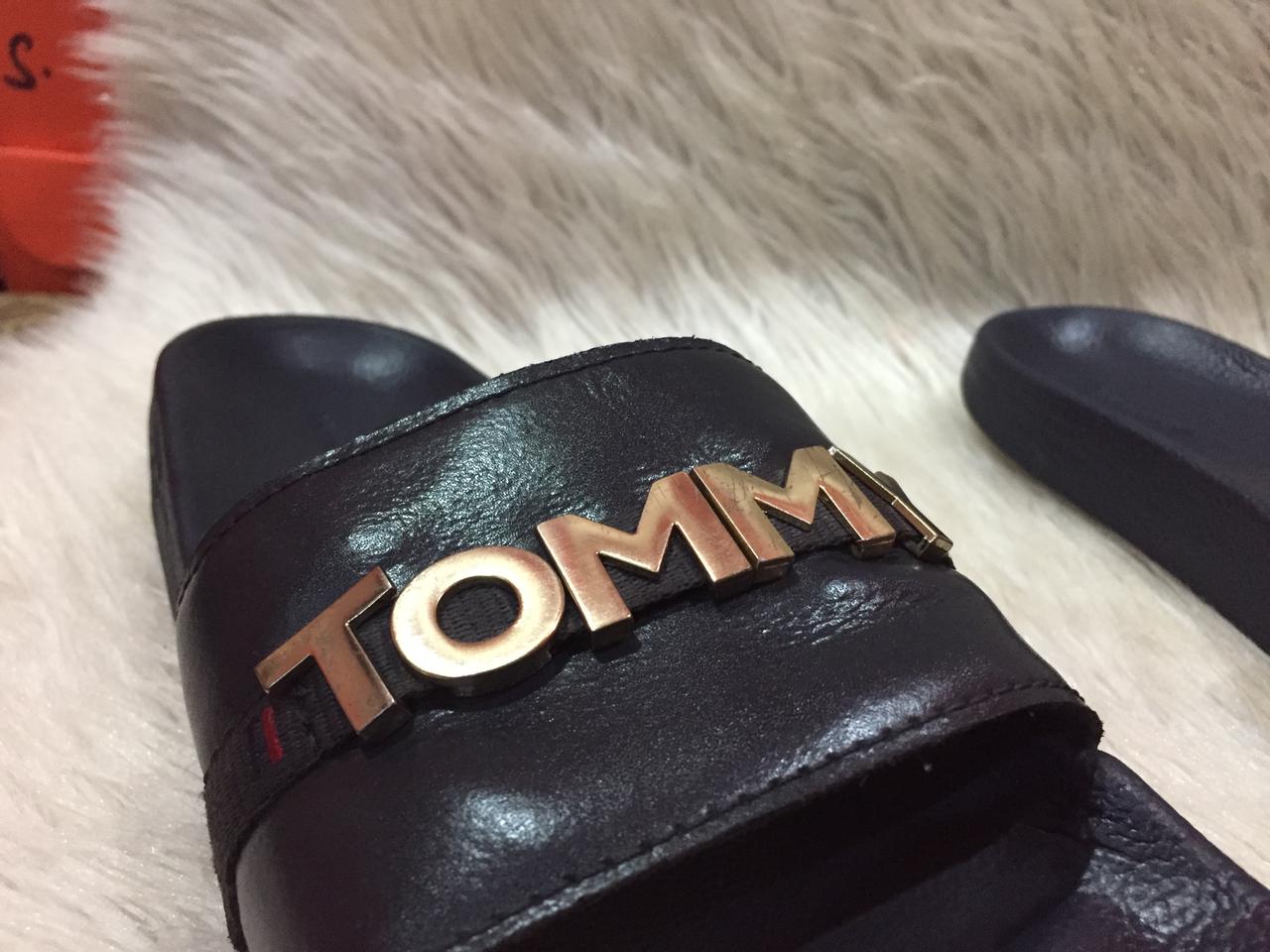 Tommy Jeans black metal logo pool sliders