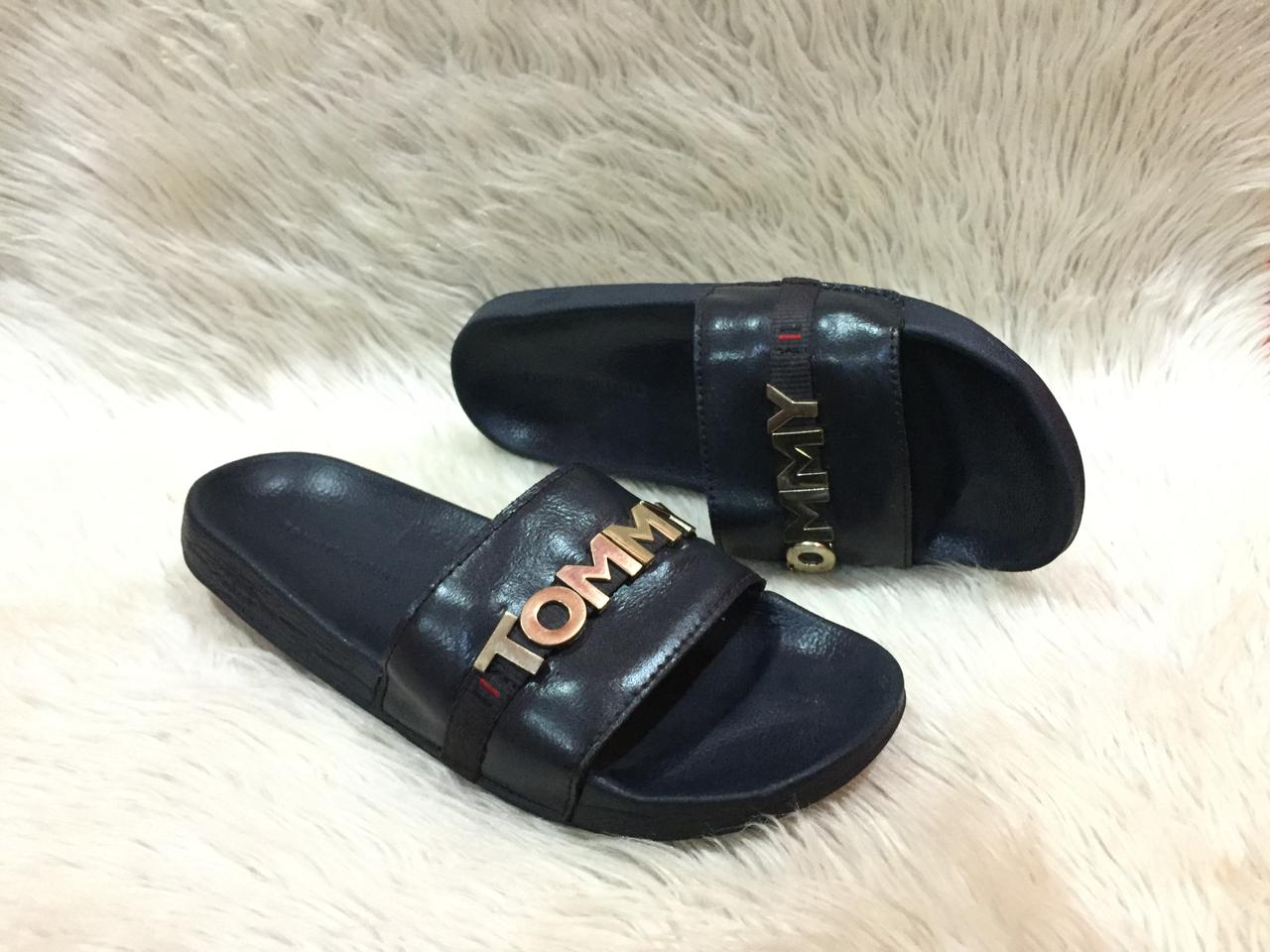 Tommy Jeans black metal logo pool sliders