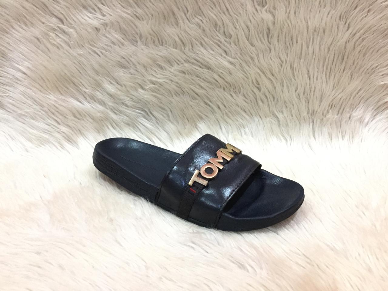 Tommy Jeans black metal logo pool sliders