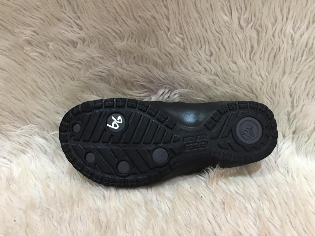 black and gray Crocs flip-flops